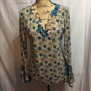 Blouse in tan & teal & blues